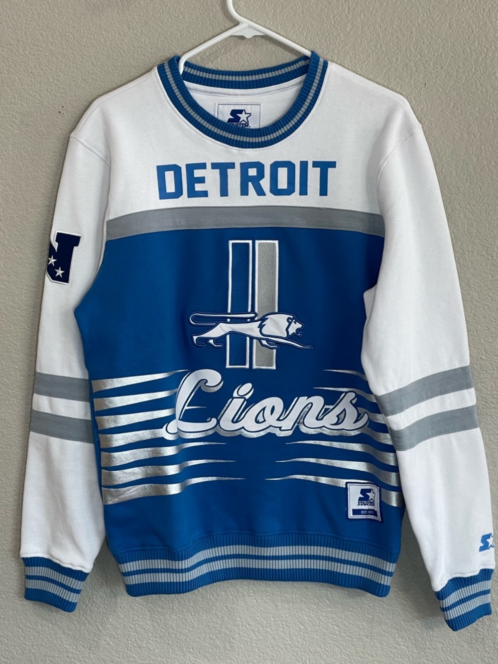 Starter Detroit Lions Blue & White Crewneck Sweatshirt Men’s Size Small
